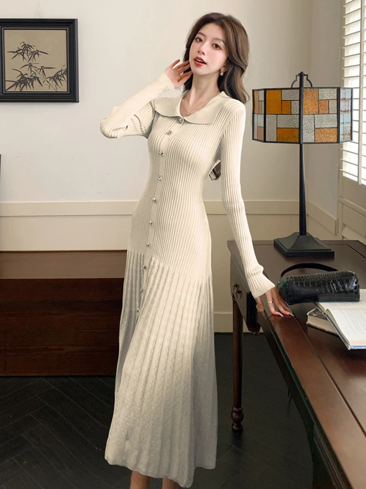 Vestiti delle donne Lavorato a maglia Risvolto Monopetto Skinny Fishtail Abito lungo Maglione Casual Elastico Robe Mujer Abiti Autunno Inverno 4