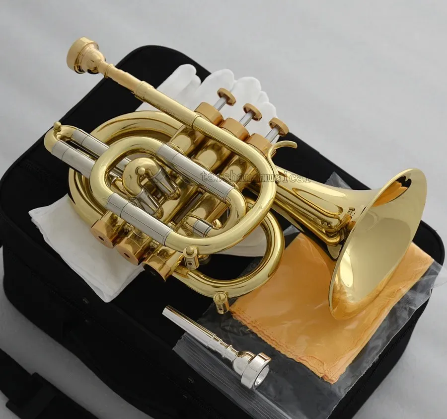 Professional new Bb Pocket Trumpet Gold horn Monel Valves With 2 Mouthpiece Case