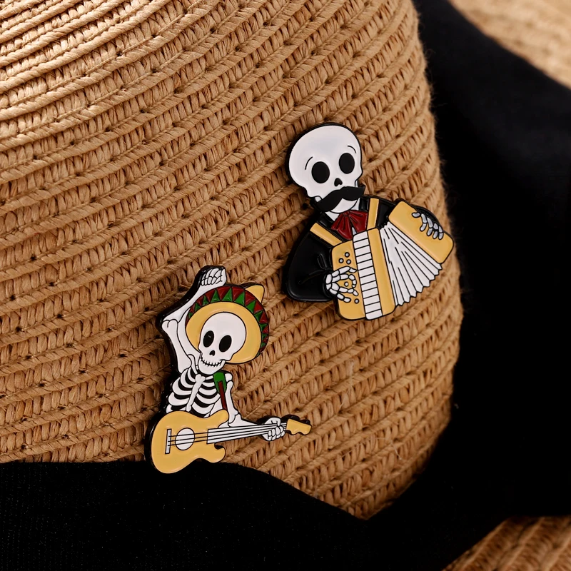 Mexican Concert Enamel Pins Custom Accordion Violin Harp Brooches Lapel Badges Gothic Performers Jewelry Gift for Friends images - 6