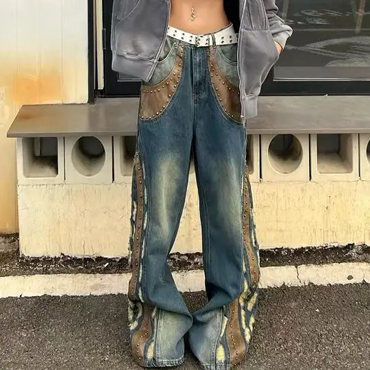 American Vintage Washed Beaded Wide Leg Jeans Fashionable High Street Straight Leg Loose Jeans Harajuku Hip Hop Y2k Trousers 5