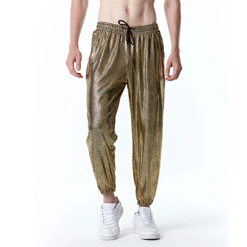 

Mens Shiny Snake Pattern Bronzing Jogger Pants Stylish Hip Hop Streetwear Casual Sweatpants Men 70s Disco Nightclub Trousers Man