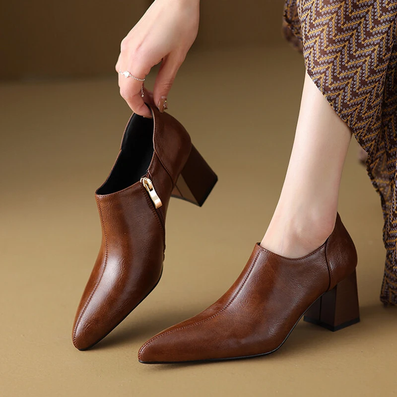 

Женские туфли из натуральной кожи, заостренный носок, молния, каблук, квадратный каблук, туфли-лодочки, для офиса, осень