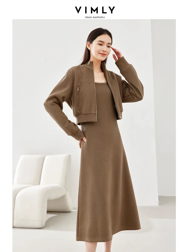 Vimly Casual Thick Sets for Women 2 Pieces Cropped Jacket Square Collar Midi Dress 2023 Winter Chic and Elegant Woman Set M5650