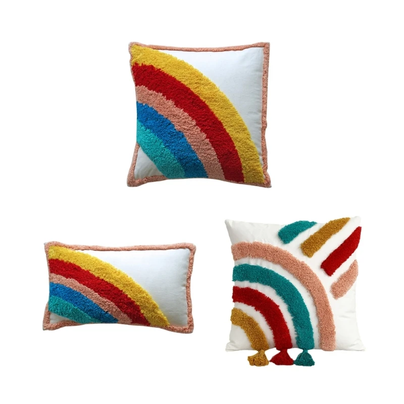 

Rainbow Tufted Pillow Cover with Tassels Decorative Cushion Cover Pillowcases