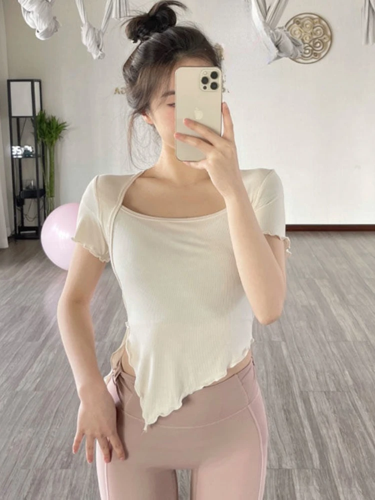

Korean Ballet Collar Sports T-shirts Women's Summer New Yoga Clothes Tops Short-sleeved Hem Irregular Fitness Gym Workout Tops
