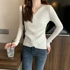 Surplice Sweater for Women Pullovers Ribbed Knit V-Neck Long Sleeve Button Side Plain Jumper Teen-girl Fall Winter Basic Outfit 2