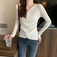 Surplice Sweater for Women Pullovers Ribbed Knit V-Neck Long Sleeve Button Side Plain Jumper Teen-girl Fall Winter Basic Outfit 2