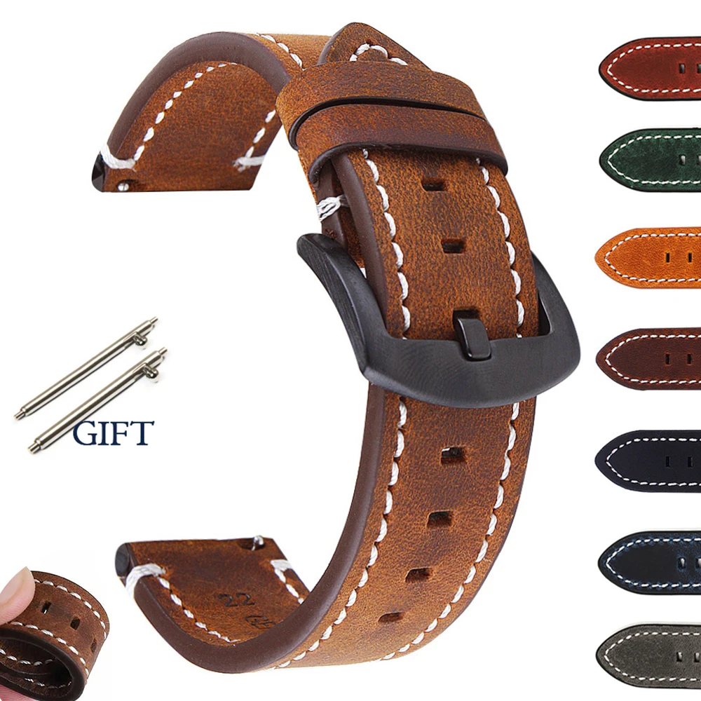 Retro Cowhide Leather Watchband - Black, Yellow, Brown