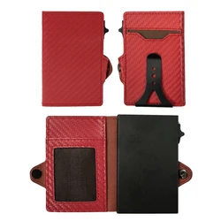Carbon Fiber RFID Leather Slim Card Holder Wallet (Red - Money Clip)