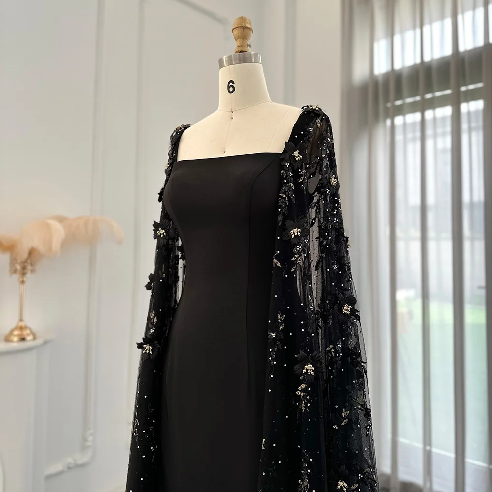 formal black cape dress Pleated A Line Long Formal High Neck Cape Sleeve Dress