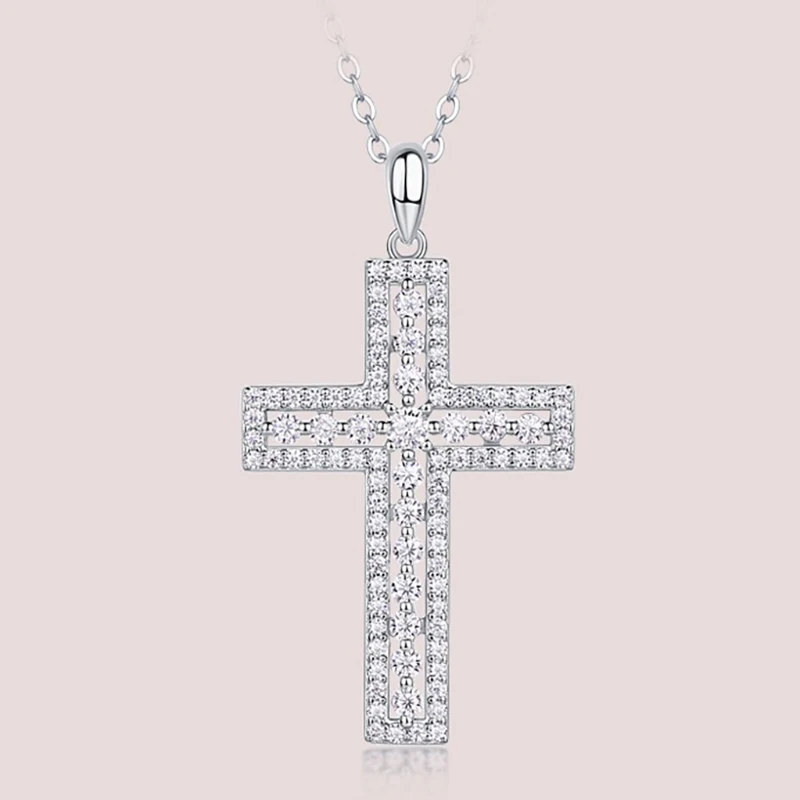 

Full D Color Moissanite Cross Pendant Necklace Women 925 Sterling Silver Iced Diamond Religious Necklace White Gold Pass Tester