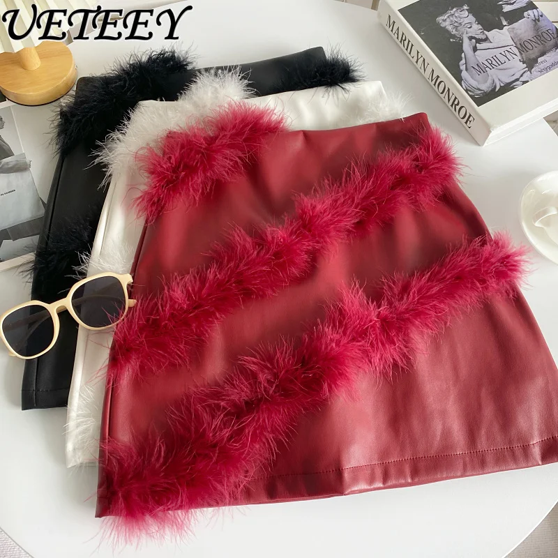 

Pure Desire Style Furry Stitching Pu Leather Short Skirt Women's Autumn Winter Korean Style New All-Match High Waist Skirts