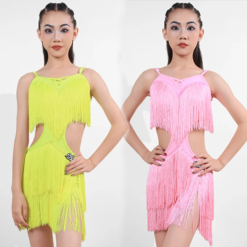 vestido-de-danca-latina-fluorescente-com-franja-para-meninas-traje-de-competicao-amarelo-e-rosa-infantil-novo-bl13037