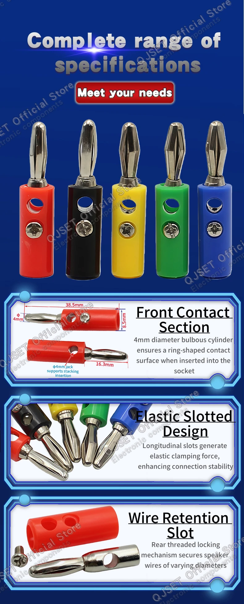 5 Stück 4mm Vierpoliger Bananenstecker mit Befestigungsschraube Überlappender Buchsenstecker Lötloser Anschluss Audio-Verstärker-Stecker – Detail 2