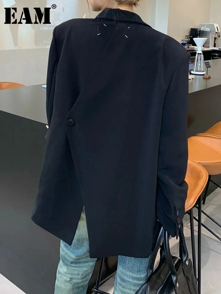 

[EAM] Women Black Slit Topstitched Big Size Blazer New Lapel Long Sleeve Loose Fit Jacket Fashion Spring Autumn 2024 1DH0741