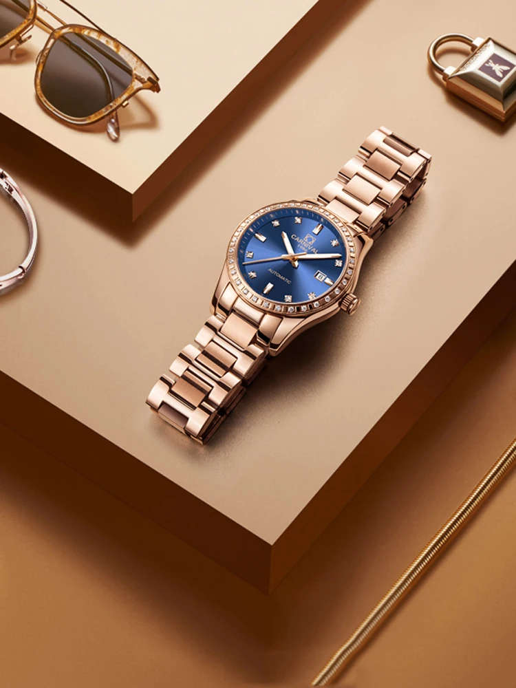 CARNIVAL New Luxury Rose Gold Blue Dial Watch Women Dress Automatic Mechanical Watches Bracelets Ladies Gift Reloj Mujer_voghion.com