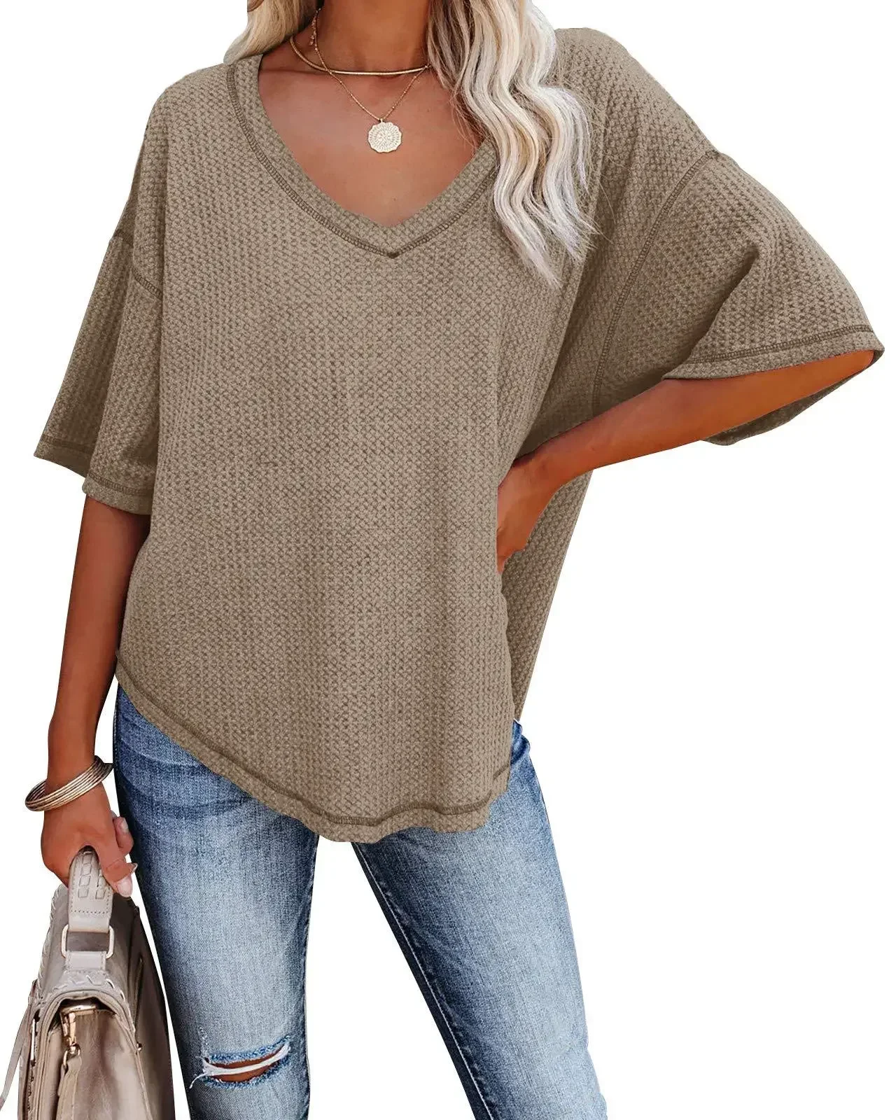 

The new 2023 V-neck bat sleeve waffle knit loose solid color short-sleeved t-shirt blouse gray22