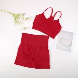 Seamless 2-Piece Women's Yoga & Fitness Set - Sports Bra and Cycling Shorts Activewear - M (Red  set)