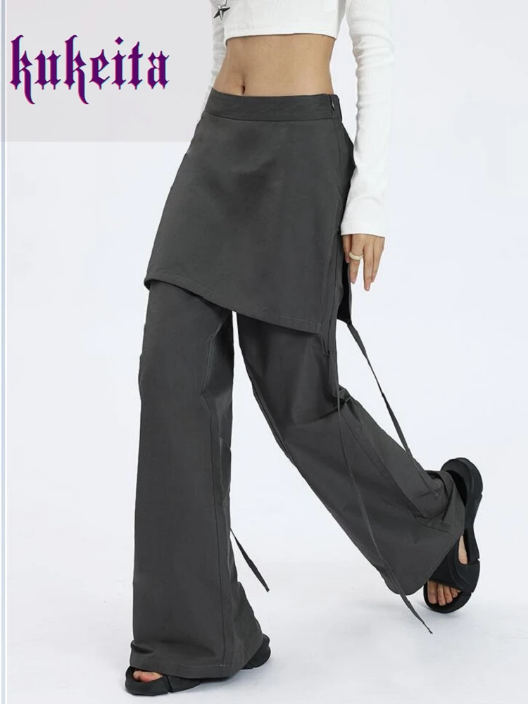 Retro Fake Two Piece Casual Wide-leg Pants Women 2023 Spring New High Street Fashion Drawstring Lace-up Solid Color Trousers