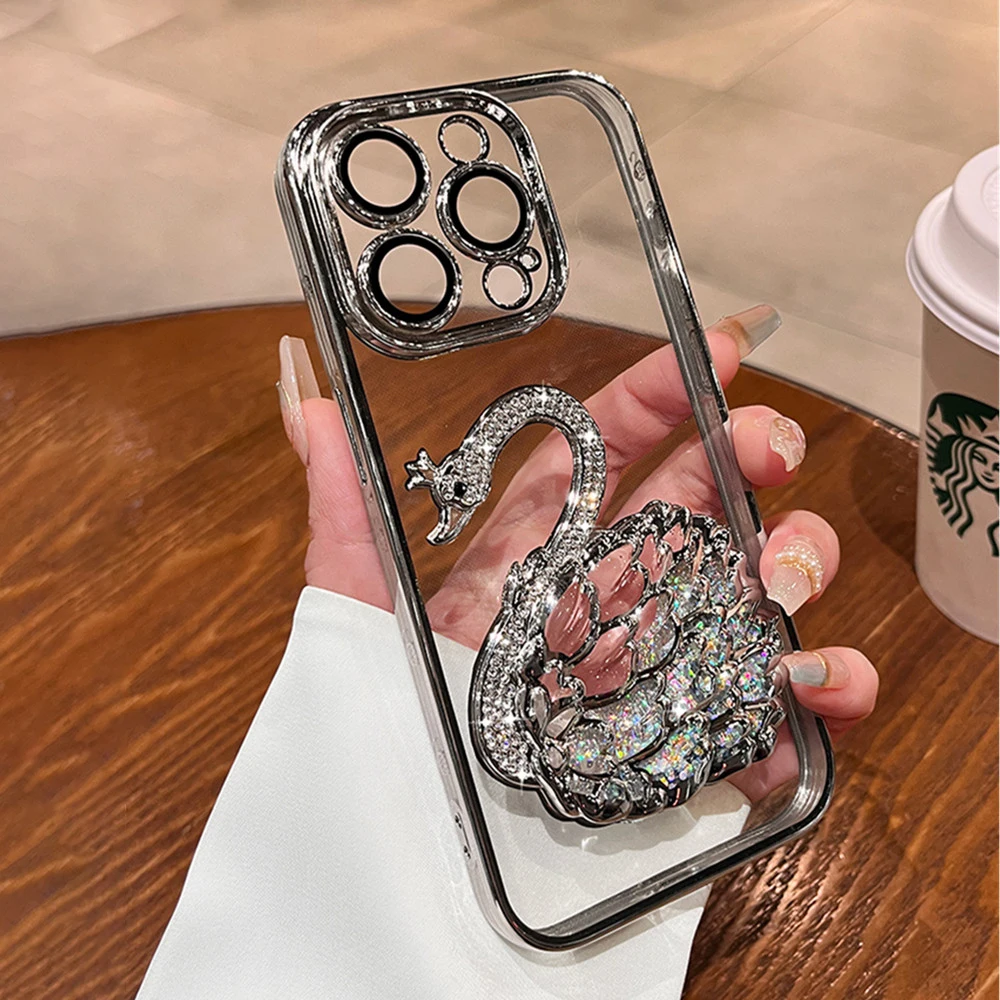 Elegant Bling Glitter Swan Diamond Clear Phone Case - Soft Silicone Shockproof Cover