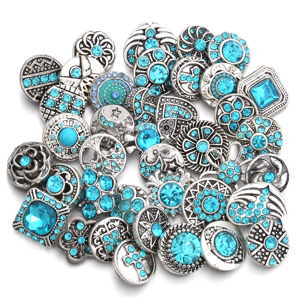 10pcs/lot Snap Jewelry 12mm 18mm Snap Buttons Sky Blue Rhinestone Metal Flower Mini Snaps for Bracelet Bangle
