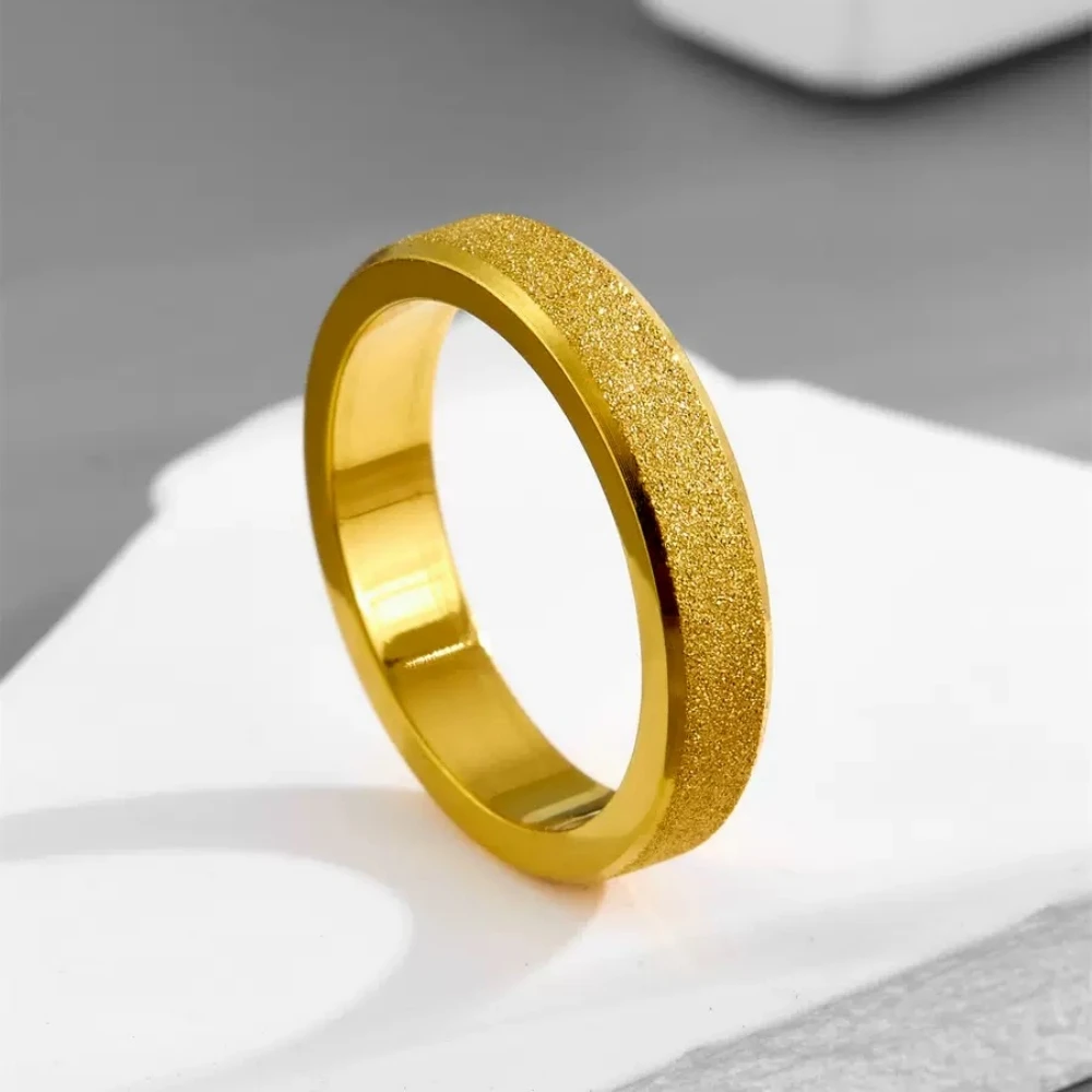 Elegant Gold-Toned Frosted Stainless Steel Ring – Premium Unisex Wedding Band