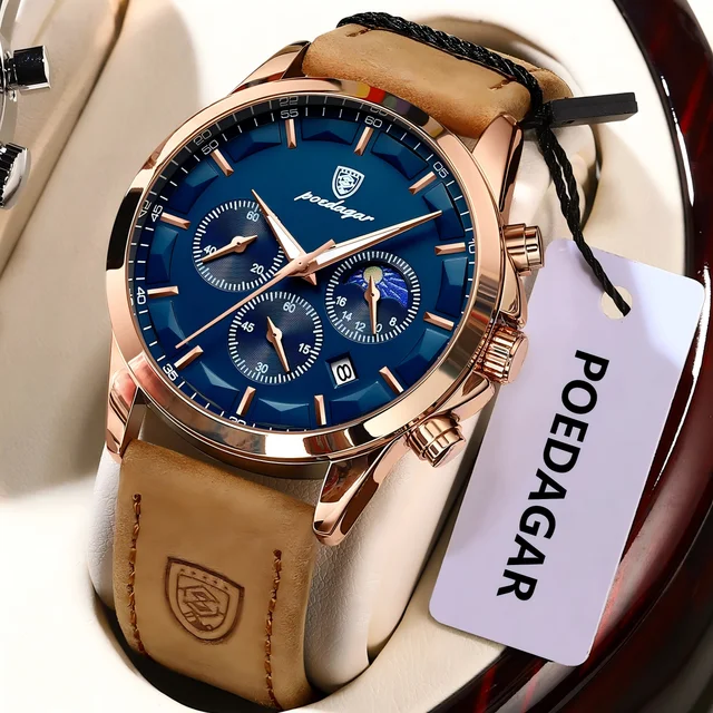 POEDAGAR Sports Luxury Men Quartz Watch Waterproof Chronograph Luminous Date Man Wristwatch Business Leather Men's Watches Reloj