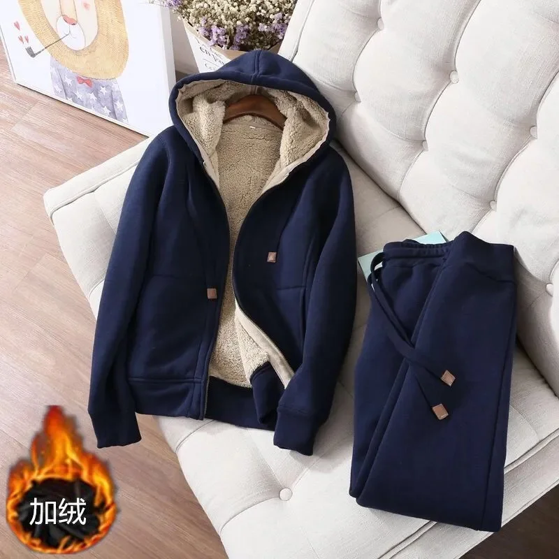 2023 New Sports  Leisure Set Women's Zipper Solid Coat Women's Autumn/Winter Korean Edition Student Plush Thickened Hoodie Set