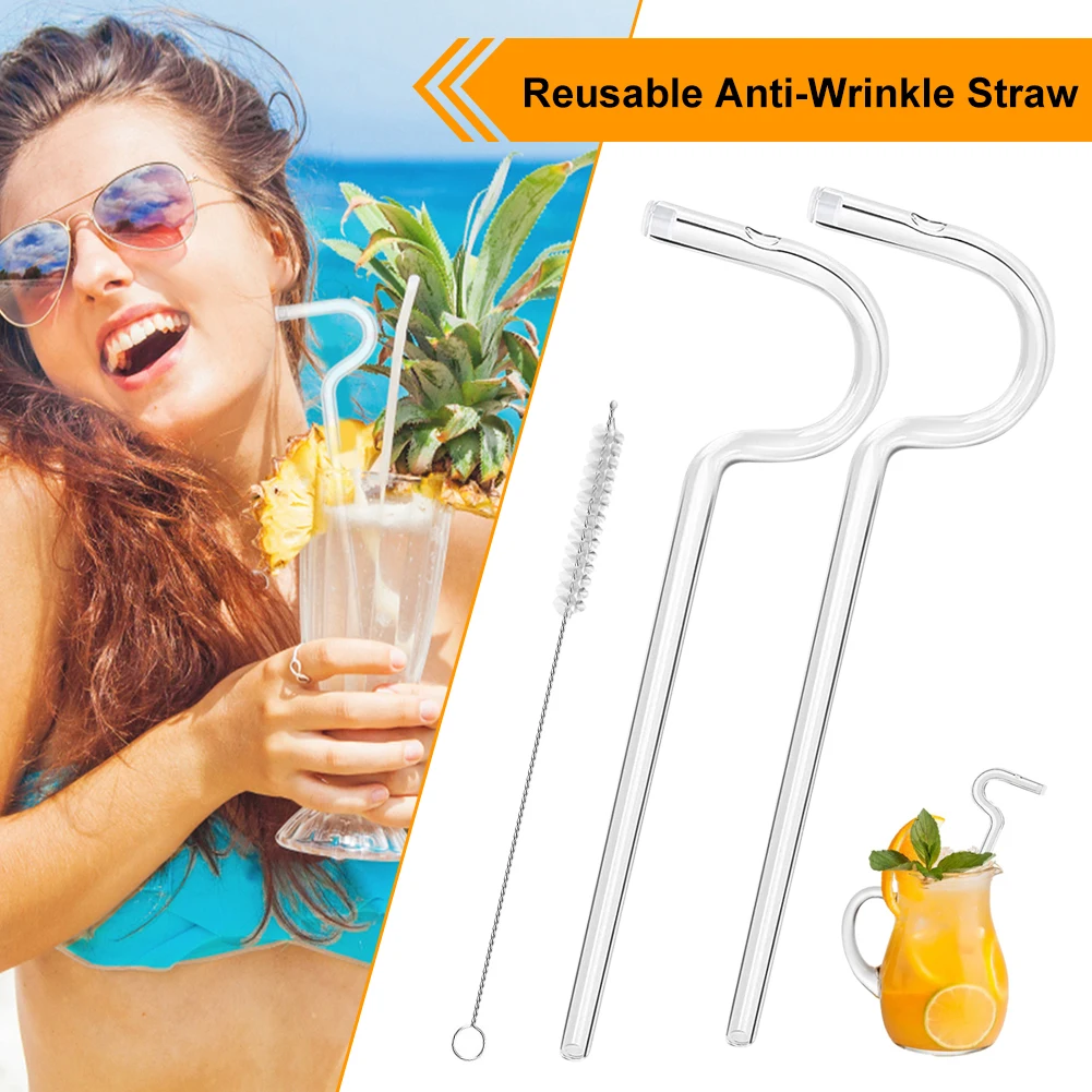 2pc Anti Wrinkle Straw,Lip Straw for Wrinkles,Reusable Anti Wrinkle  Drinking Straw Stainless Steel Straw,Anti-wrinkle for engaging lips  horizontally,with 1 brush