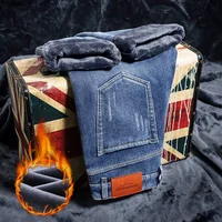 Men's Winter Snow Jeans Warm Stretch Straight Leg Thermal Jeans Man Fleece Denim Long Pants Blue Gray Fashion Classic Trousers 2