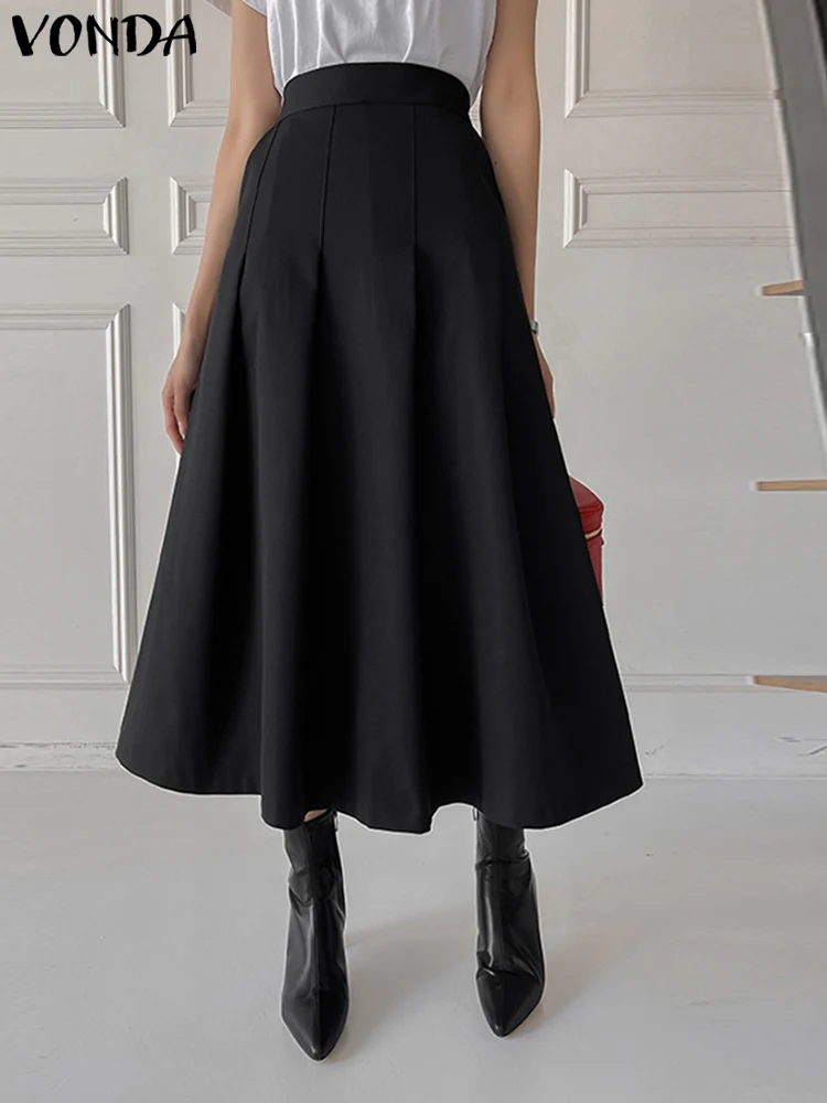 

Casual Elegant Skirts 2023 VONDA Women Summer Pockets Pleated Midi Skirt Loose Solid Color Streetwear OL Style A-Line Bottoms