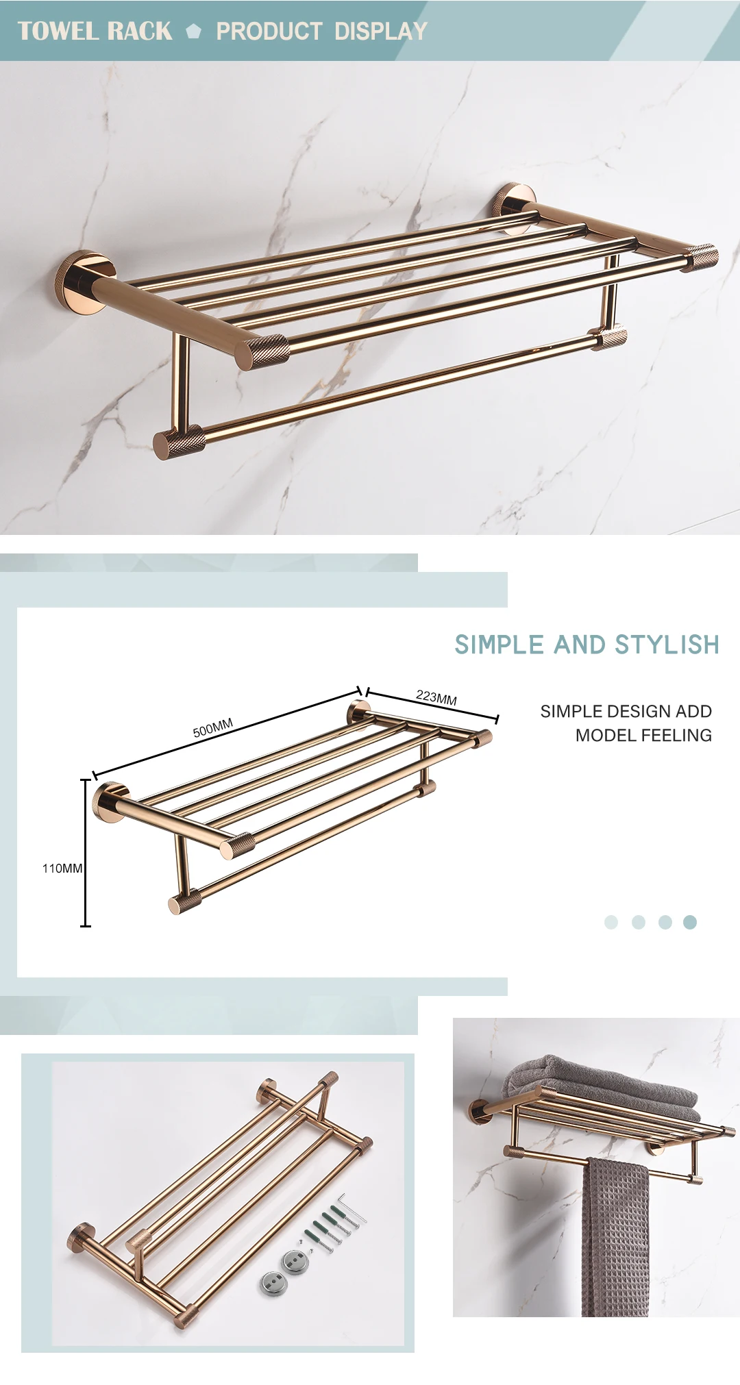 Description Picture 6 of itemBright Rose Gold Towel Rack Singel Towel Bar Paper Holder Robe Hook Cup Holder Soap Dish  Toilet Brush Bathroom Accessories