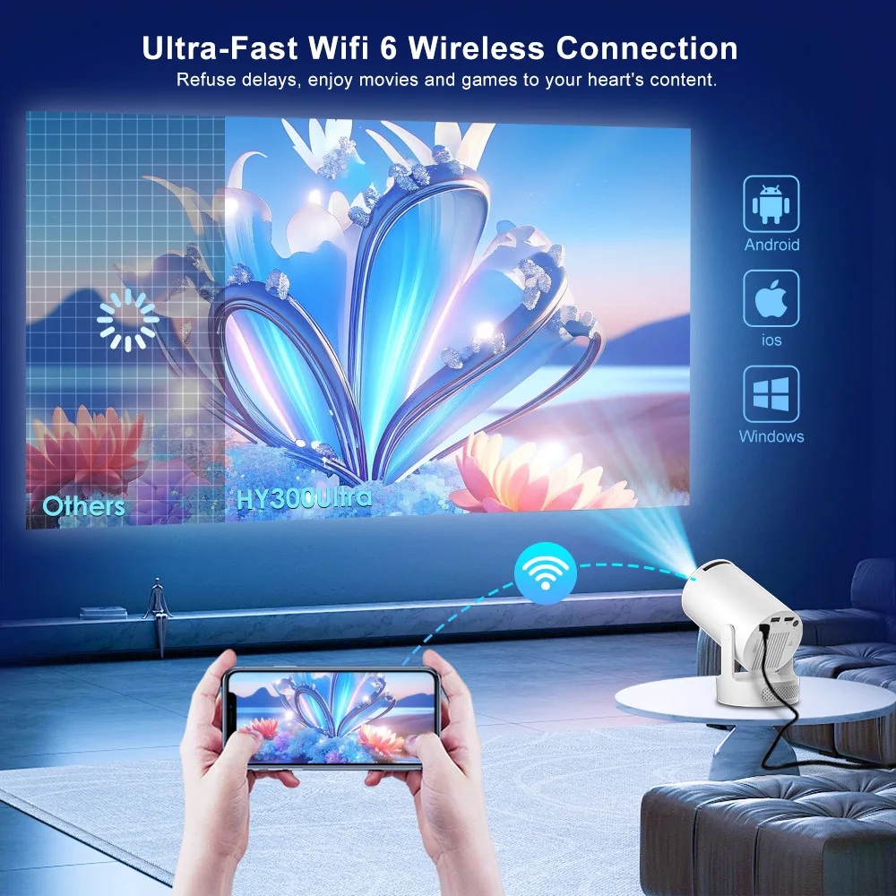 살랑에 HY300 울트라 프로젝터 업데이트 HY300 4K 안드로이드14 Wifi6 올위너 H723 BT5.4 1080P 1280*720P 홈시어터 야외 휴대용