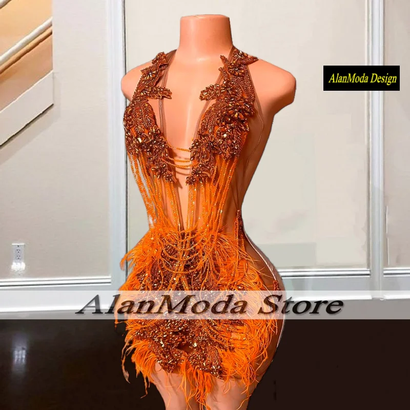 Women Prom Dresses Mini Birthday Dress For Women Luxury Crytsal Feathers Short Prom Gowns Vestidos De Graduaci&oacute;n Party Outfits