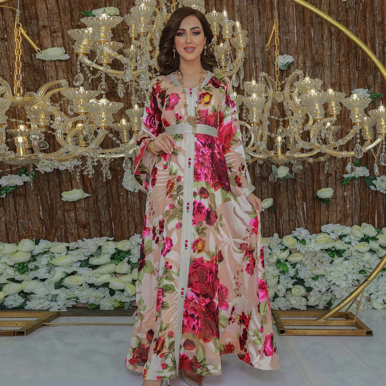 

Muslin Kaftan Middle East Dubai Pink Print Dress Abaya V-neck Turkey Women Jalabiya Ramadan 2023 Long Dress Moroccan Caftan