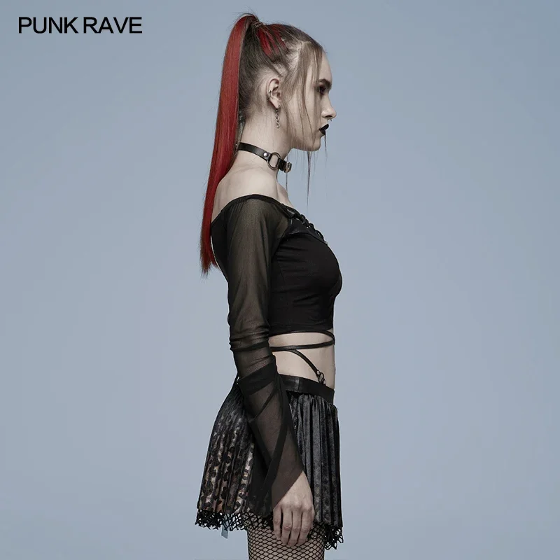 PUNK RAVE Women's Gothic Cut-out Slash Neck Perspective Mesh T-shirt  Detachable Corns Iron Ring Decoration Black Tops Spring