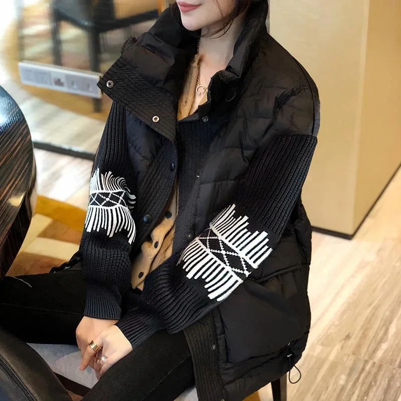 

Jackets for Women Knit Patchwork Duck Down Feather Lightweight Puffer Black Woman Coat Outerwears Harajuku Fashion Winter Padded