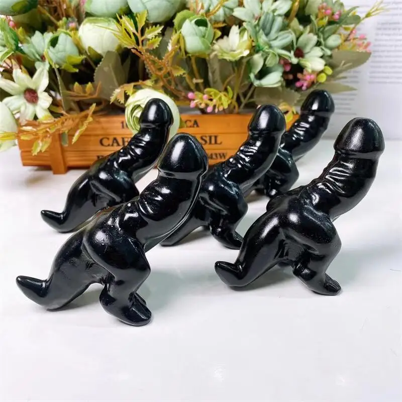 

Natural Crystal Black Obsidian Penis Dinosaur Carving Wicca Decor Carved Figurine Healing Quartz Halloween Gift 1pcs