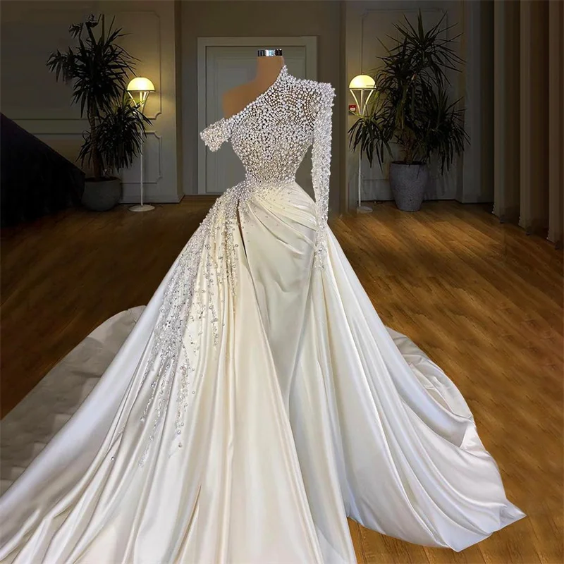 

Pearls Mermaid Wedding Dress Luxurious One Long Sleeve One Shoulder Ruffles Appliques Bridal Gowns Robe De Mariée Plus Size