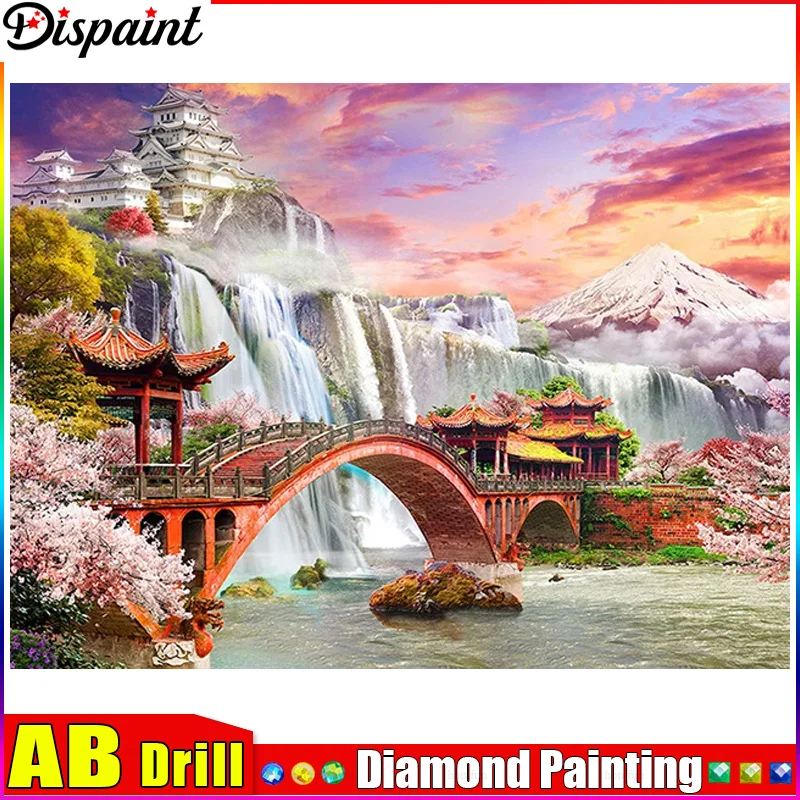 

Dispaint AB 5d Diamond Painting Full Square/Round "House Mountain River"Picture Of Rhinestone DIY Diamond Embroidery Home Decor