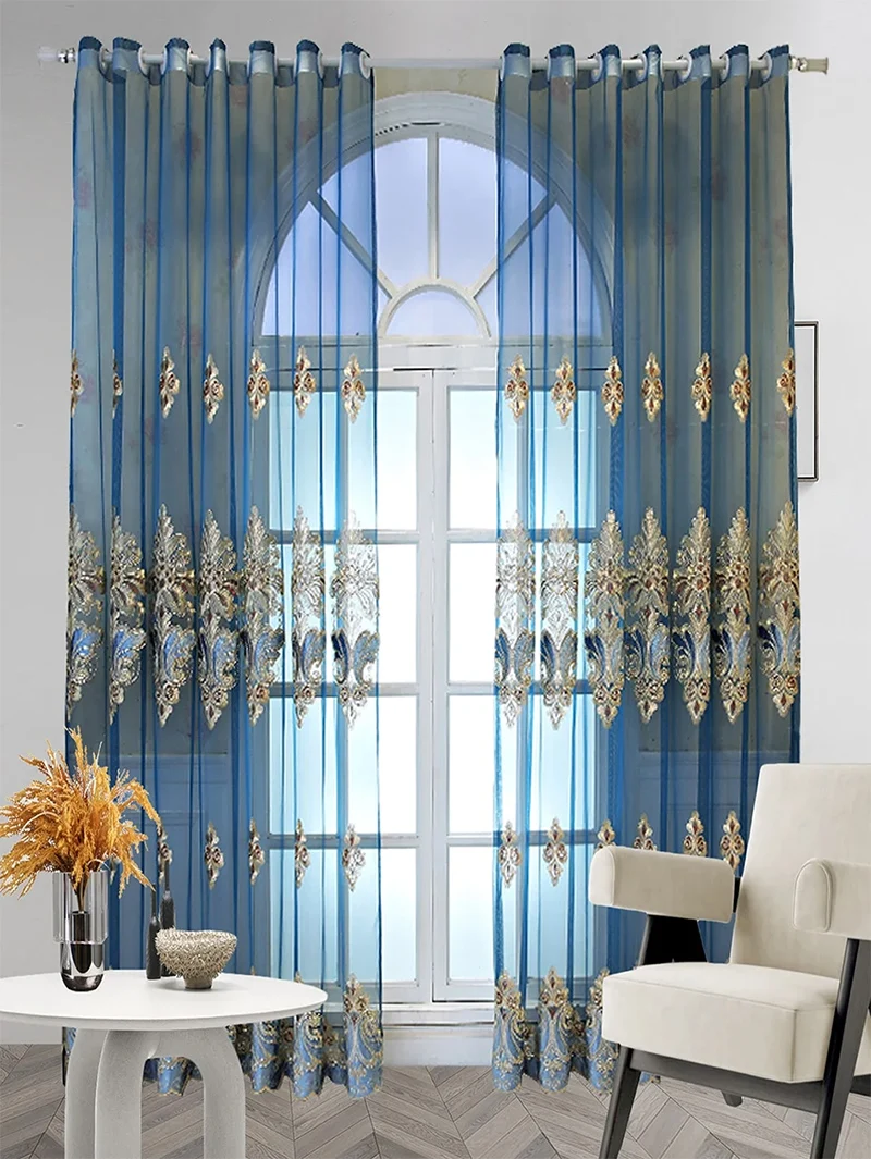 cortinas da janela bordado cortinas de tule para sala estar europa luxuoso azul tela da janela high end cozinha cortina painel