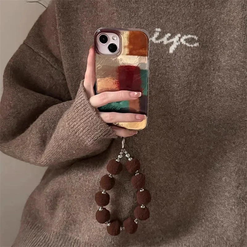 Retro Brown & Red Color Blocked Phone Case with Fur Ball Chain Decor