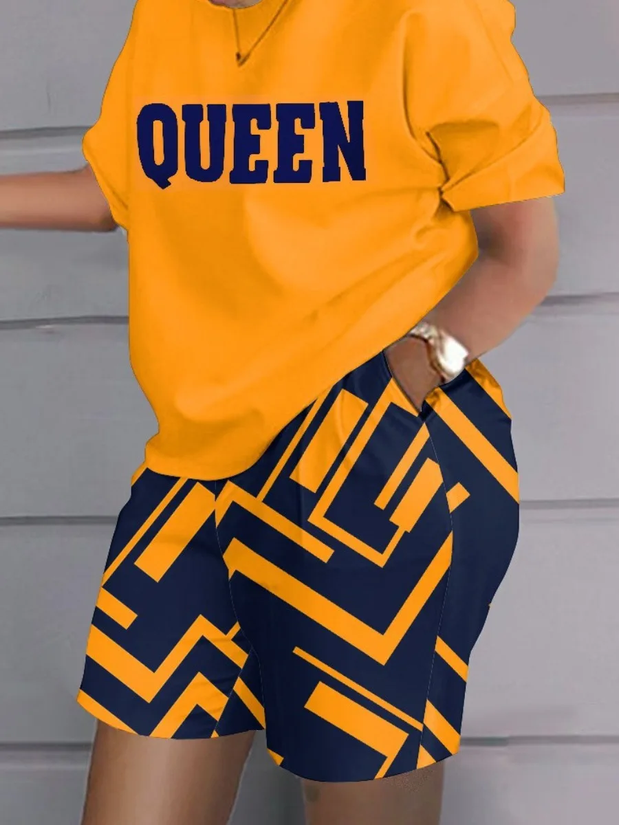 LW Geometric Letter Print Shorts Set Women Casual Outfit Short Sleeve Round Neck T-shirt & Skinny Short Set Tracksuit Set