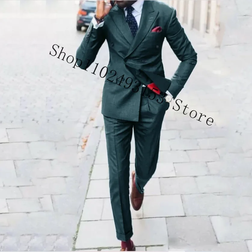 Men's Suit Double Breasted Peak Lapel 2 Piece Tuxedos Slim Fit Best Men Casual Groom Wedding Party Tuxedos Costume Homme Mariage