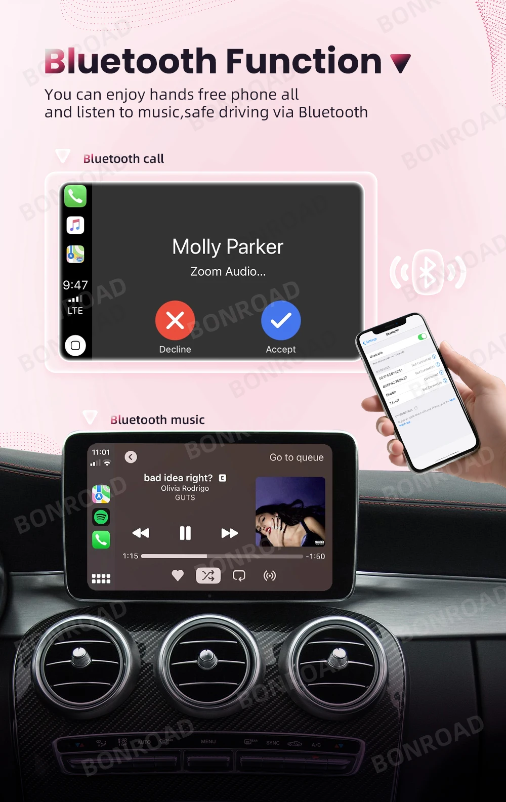 Bonroad drahtloser carplay adapter android auto modul für mercedes benz c glc w205 a cla gla b e gle cls bluetooth navigation – Detail 9