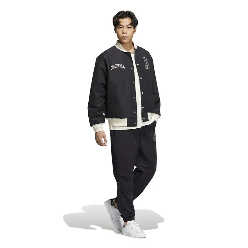 Adidas Jacket Men Baseball Jersey, Stand Up Collar Jacket, Plain Weave Polyester Sand, Black Green Smooth Windproof
