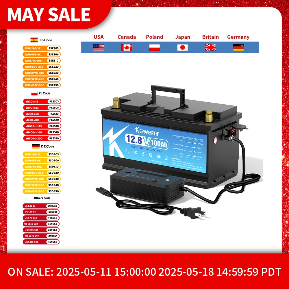 12V 100Ah LiFePO4 Lithium Battery Upgraded BMS 6000 Cycles For RV Campers Golf Cart Off-Road Off-Grid Solar Wind