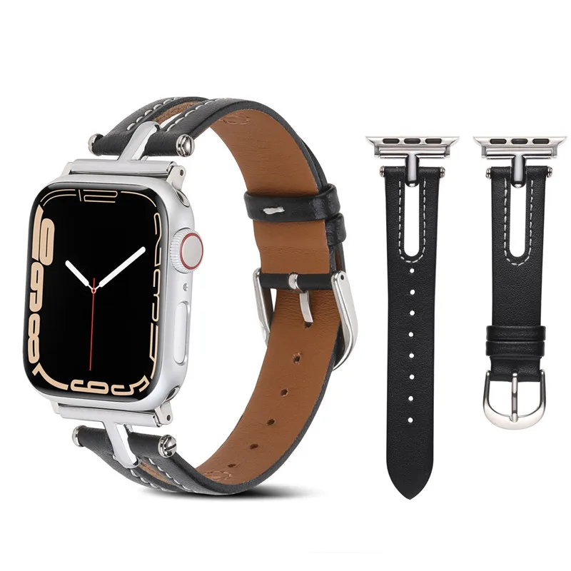 

Ремешок кожаный для Apple Watch Band 7 6 Se, дышащий спортивный браслет с отверстиями для iWatch 5 4 3 2 1 45 мм 44 мм, 41 мм 42 мм 40 мм 38 мм