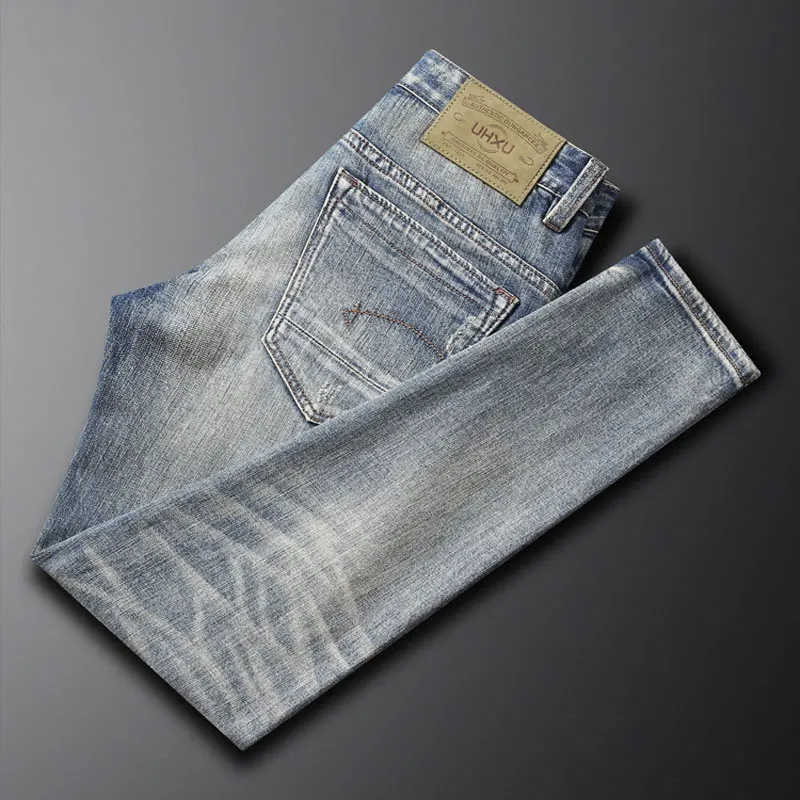 Fashion Designer Men Jeans Retro Washed Blue Elastic Slim Fit Ripped Jeans Men High Quality Trousers Vintage Denim Pants Hombre