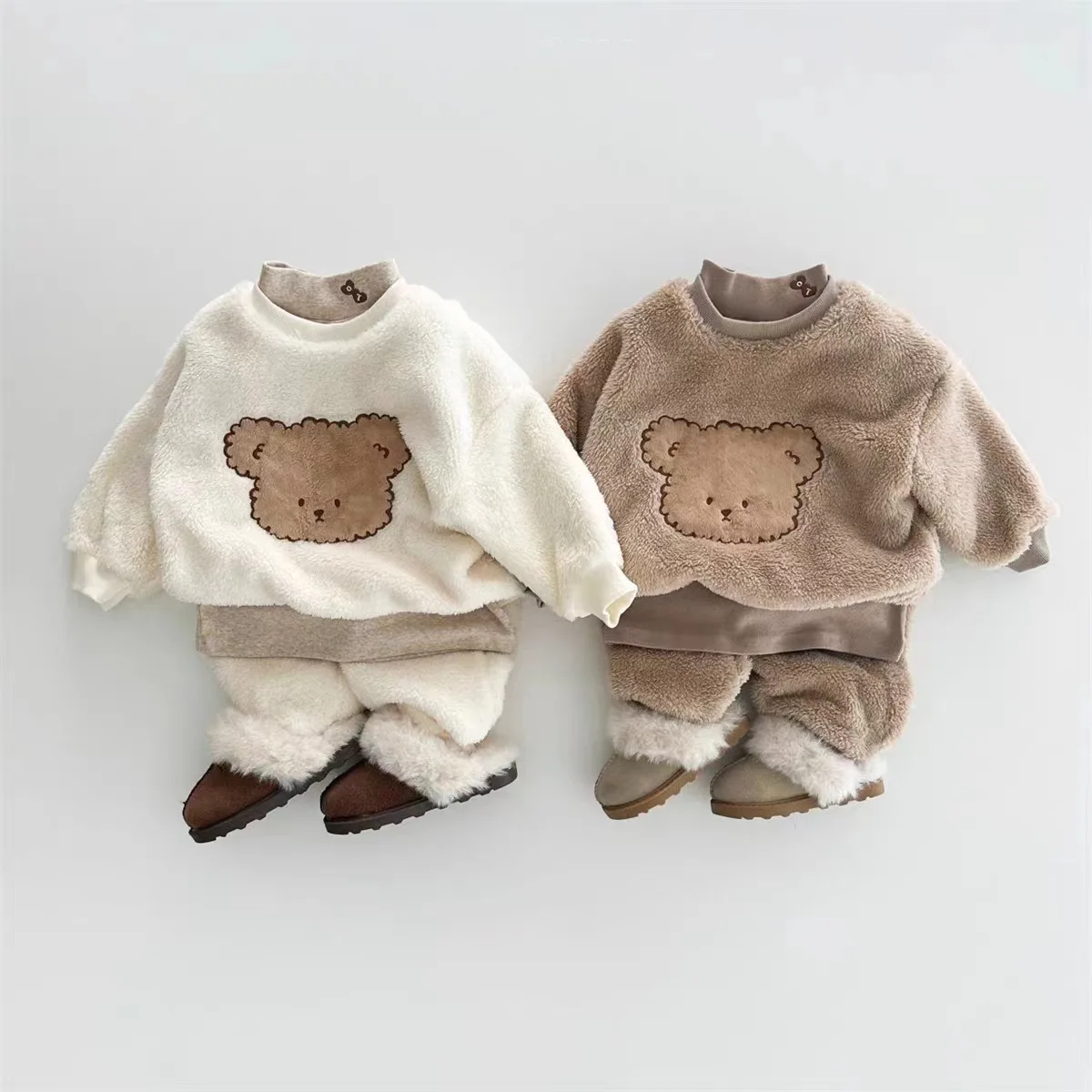 

Autumn Winter Kids Boys Girls Fleece Cartoon Thicken Sweatshirt Sets Baby Plus Velvet Warm Bear Casual Tops+Pants 2Pcs Outfits